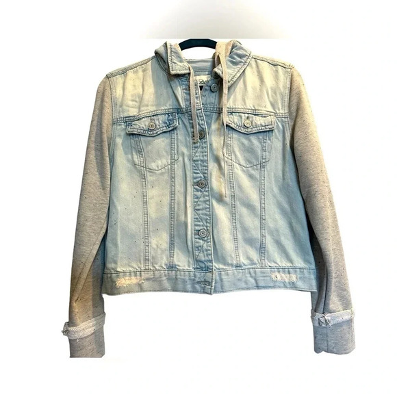 Mudd Distressed Hooded Jean Button Up Jacket Girls Size Large - Picture 1 of 5